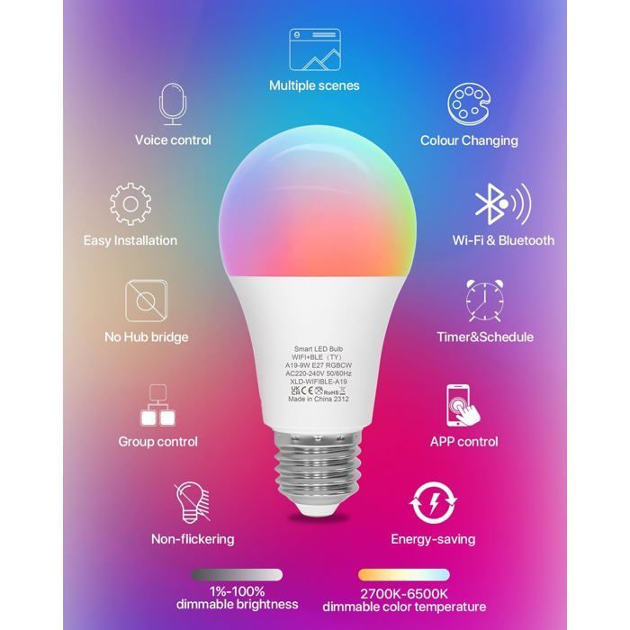 YSFMODE Smart-Glühbirne, E27 Mehrfarben-LED-Glühbirne 2700K-6500K RGB, dimmbar, kompatibel mit Alexa und Google