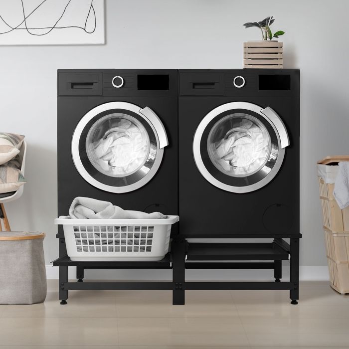Set of 2 washing machine supports with extendable shelf, black steel, ML-Design