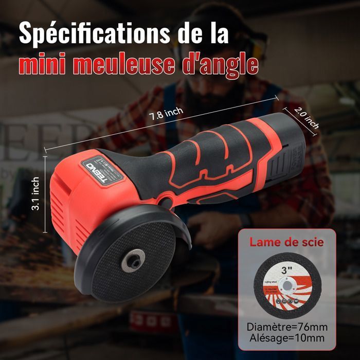 Smerigliatrice angolare a batteria - TEENO - 19.500 giri/min - disco da 76 mm - 2 x 2000 mAh