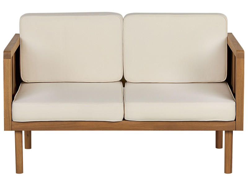 Sofa dwuosobowa drewniana jasna z poduszkami