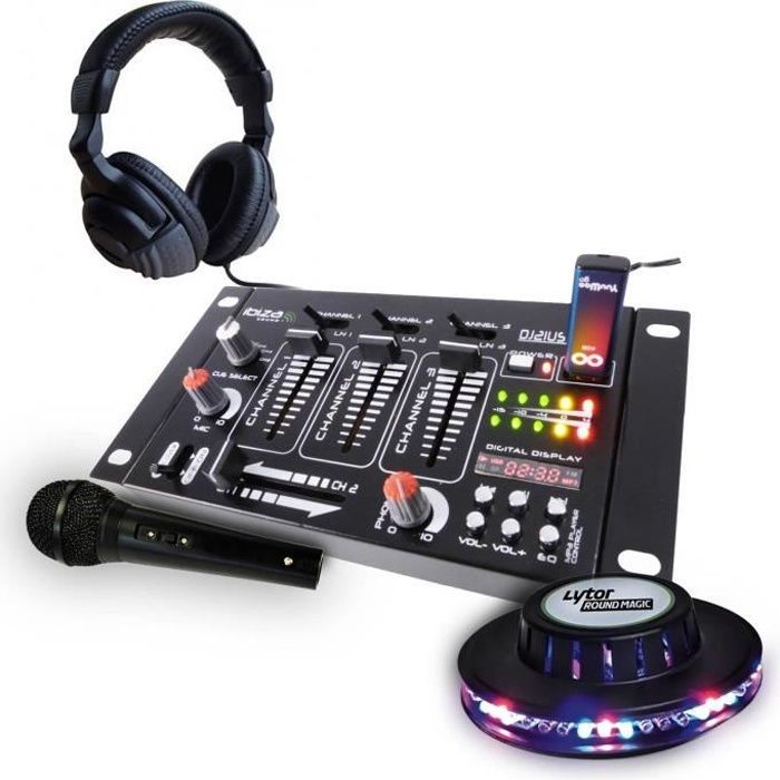 Kit mixer IBIZA SOUND - Controllo MP3 - 4 canali - Cuffie - Microfono - Spettacolo di luci UFO