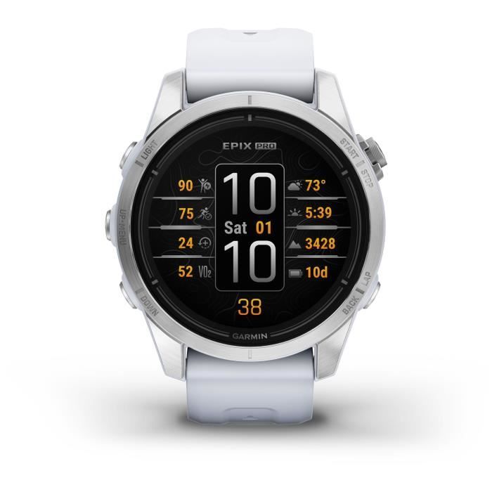 GARMIN - Epix Pro (Gen2) - Reloj inteligente de alto rendimiento - 42 mm - Acero, plateado con correa blanca