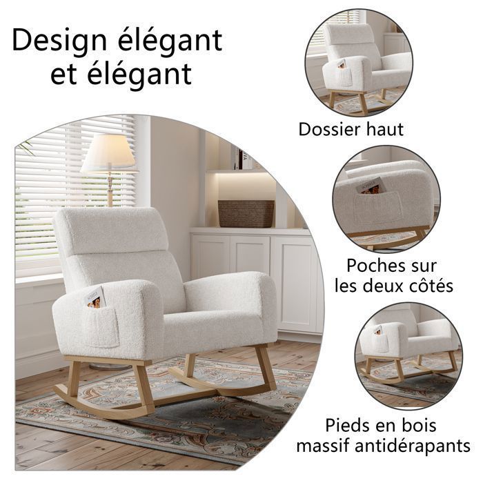 Sedia a dondolo, sedia a dondolo per allattamento, gambe in legno massello, velluto effetto orsacchiotto, stile scandinavo, bianca