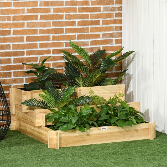Outsunny 3-Tier Stepped Garden Bed - Solid Wood - 93 x 93 x 35 cm - Natural Wood Effect