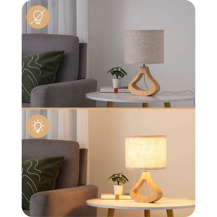 Lámpara de mesa EDISHINE con pantalla de lino, bombilla LED E27 de 2700K incluida, base de madera maciza.