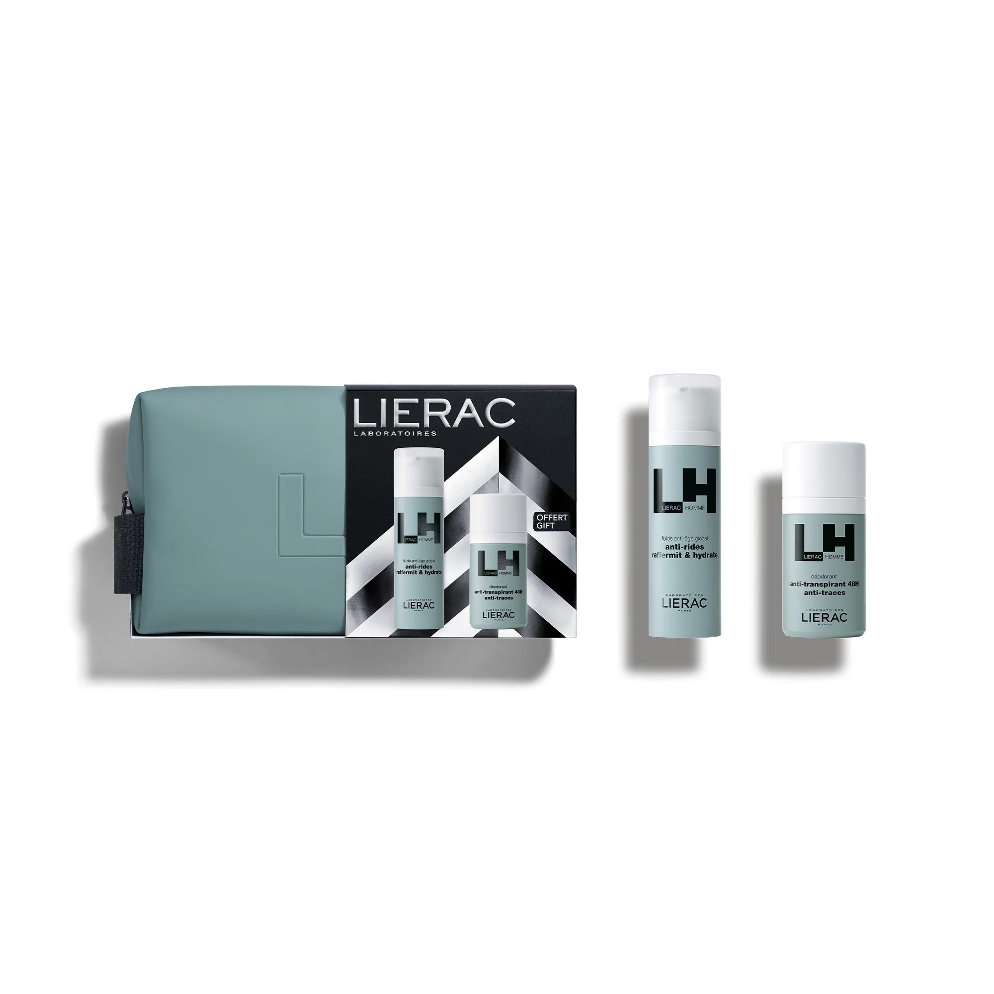 Lierac Homme Fluido Anti-Eta' + Deodorante + Pouch - Cofanetto Antirughe, Fluido viso antirughe