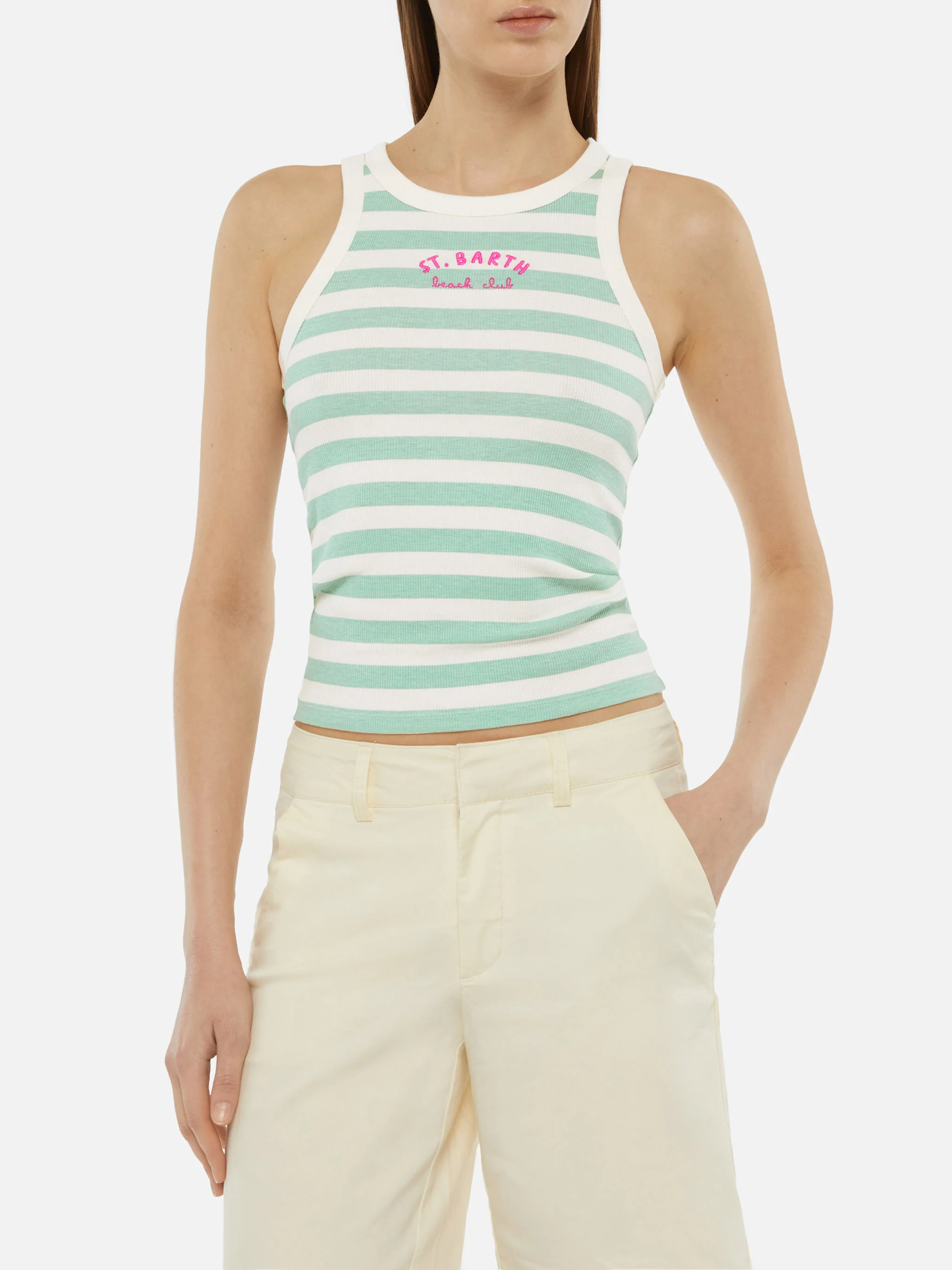 Ada saliegroene gestreepte geribbelde katoenen tanktop