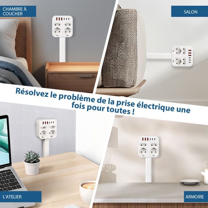 Skjøteskinne med 4 uttak, 3 USB-A og 3 USB-C, 45–65 cm uttrekkbar kabel, 360° rotasjon