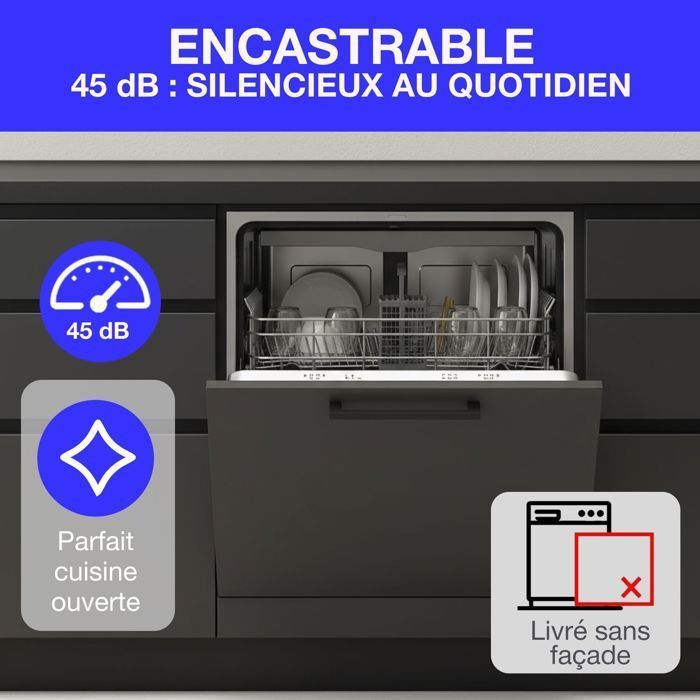 Lavavajillas integrable CONTINENTAL EDISON CELV1045FI - 10 servicios - Ancho 44,8 cm - Clase energética D - 45 dB - Blanco