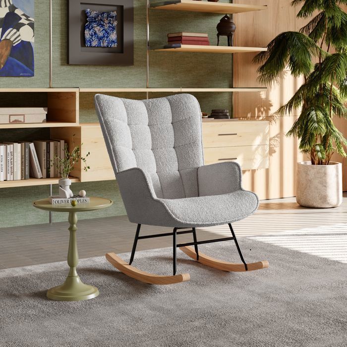 Schommelstoel, fluwelen relaxstoel met teddybeerprint, schommelstoel voor de woonkamer, massief houten en metalen frame, lichtgrijs