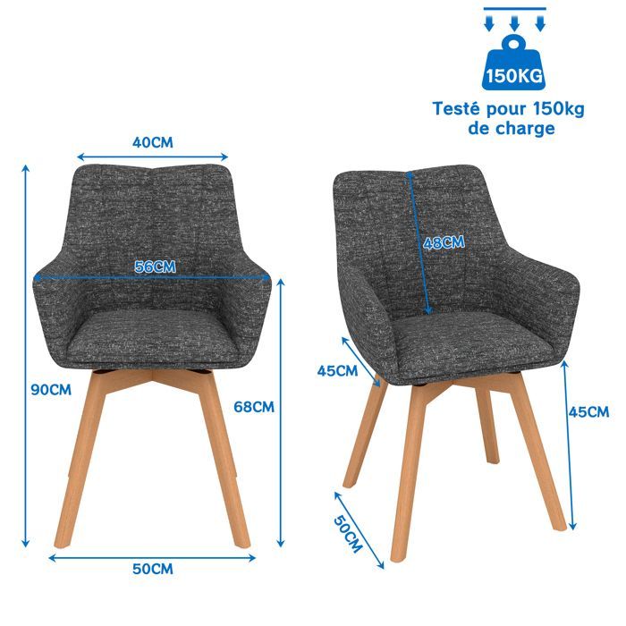WAFTING Lot de 4 chaises pivotantes 360°,accoudoirs et pieds bois, dossier haut avec coussin en molleton. Gris Foncé.