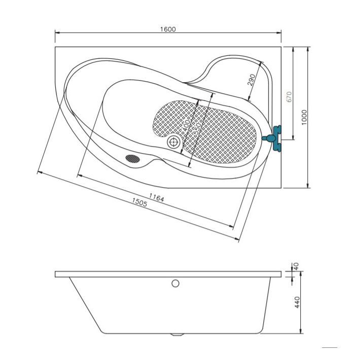 Siko - 160 x 100 cm Fortuna Plus baignoire d'angle orientation droite en acrylique, sans pieds, blanc (FO1600PPLUS)