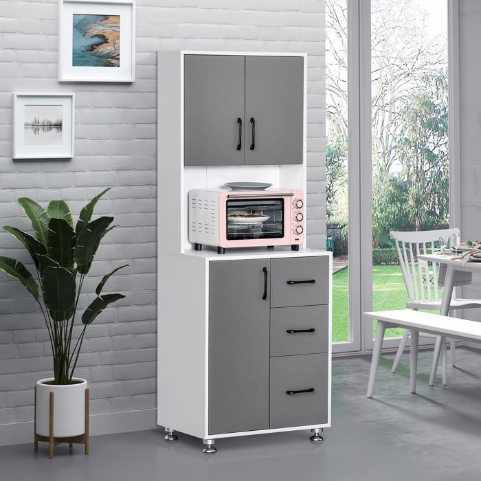 Aparador alto - HOMCOM - mueble de cocina con 3 puertas y 3 cajones, encimera - madera - 60x40x160cm - gris