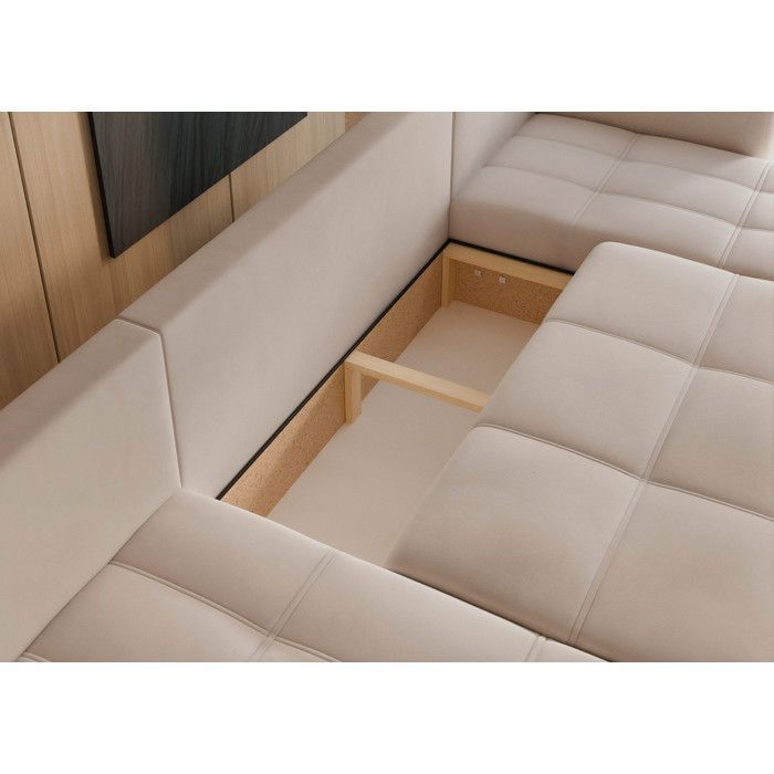 Divano angolare PEDRO - 7 posti - divano trasformabile con contenitore - tessuto in velluto - beige