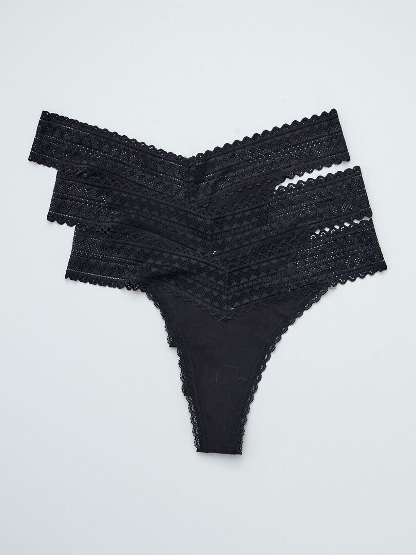 Conjunto de 3 calcinhas fio dental de algodão e renda - PRETAS