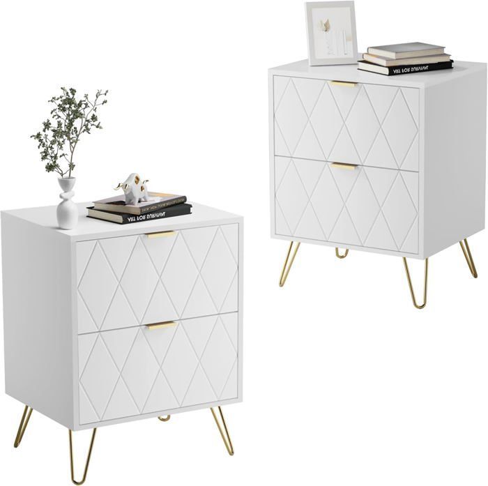 GOOBUY Set of 2 Bedside Tables, 2 Drawers, Gold-Colored Handles and Legs, Scandinavian Style, 40 x 30 x 52 cm, White