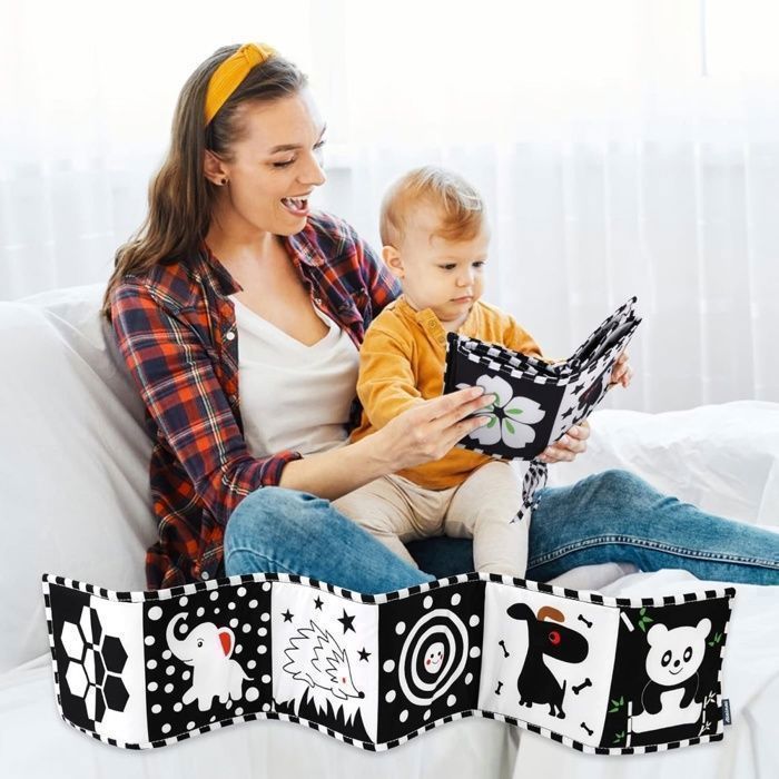 Livre D'eveil Double Face en Tissu,Livre Tissu Bébé Livre Noir et Blanc Bébé Pliable Réutilisable,  développement Cerveau Bébé