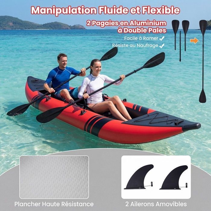 Kayak hinchable COSTWAY para 2 personas, 381x94x40cm - 2 remos de aluminio, 2 aletas desmontables, kit de reparación, bomba manual - 230kg - Rojo