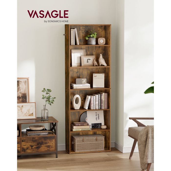 VASAGLE Boekenkast, Open 6-plankensysteem, 24 x 60 x 178,5 cm, Eetkamer, Bruin