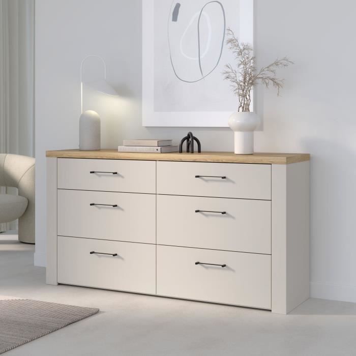 Commode NELLEKE  6 Tiroirs - Décor cachemire et bois - L156,3 x P41,3 x H83,1 cm