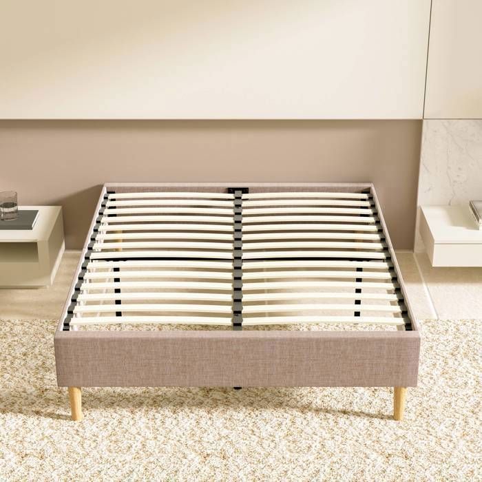 Base de cama tapizada - DEWINNER - Cama robusta y cómoda de 140 x 190 cm - Somier de 2 x 14 láminas con 9 patas - Altura del marco: 35 cm - Beige