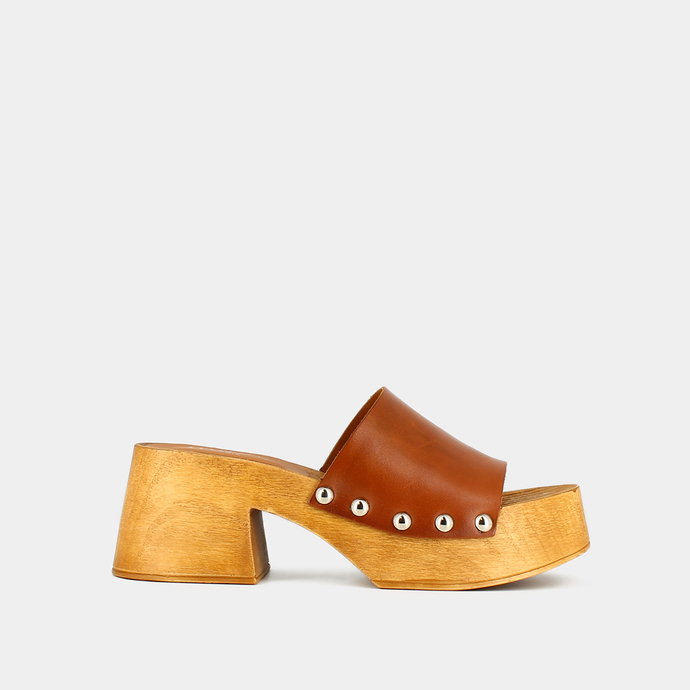 Mules à plateformes et bouts ouverts  en cuir cognac