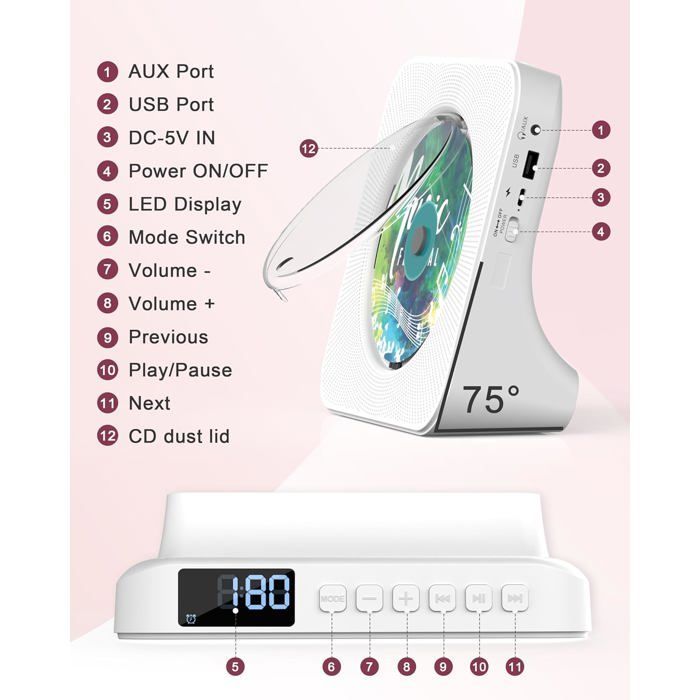 Reproductor de CD Bluetooth 5.0, HiFi, control remoto, pantalla LED, radio FM, AUX/USB, resistente al polvo, blanco