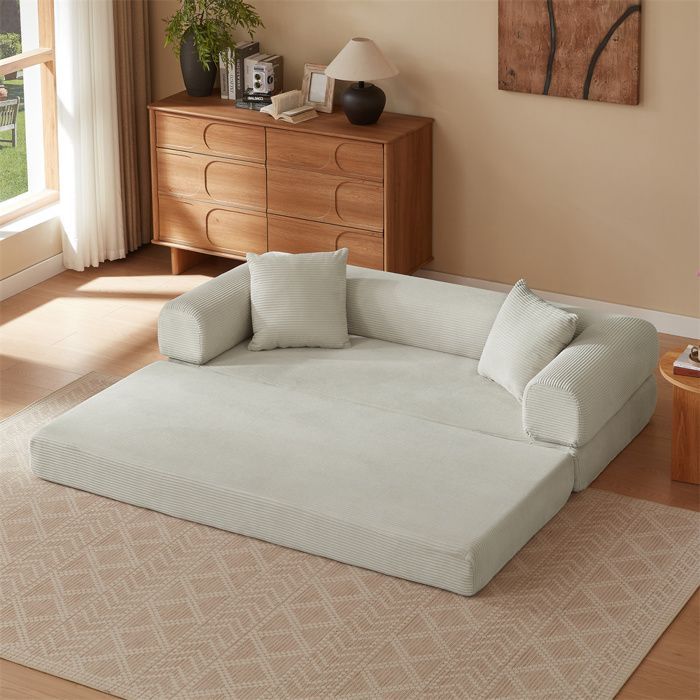 Sofá cama plegable 2 en 1 DRIPEX en pana beige, modular y compresible, de 2 plazas, ideal para salón o dormitorio, 195 cm de largo.