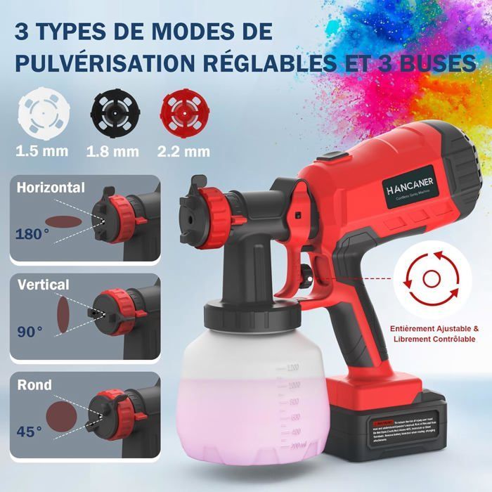 Pistolet à peinture électrique sans fil - 20V 4000mAh - 3 buses (1,5/1,8/2,2 mm) - 1100 ml/min - Cuve 1,2 L