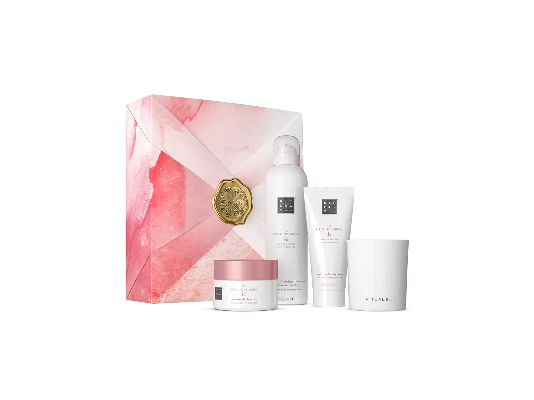 „The Ritual of Sakura“ dovanų rinkinys M: putojantis dušo želė 200 ml, kūno kremas 100 ml, kūno šveitiklis 125 g, žvakė 140 g