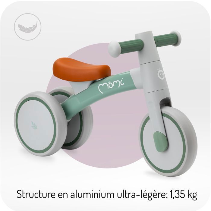 MoMi TEDI – Baby Balance Bike without Pedals – Ultra Lightweight 1.35 kg – Aluminum Frame – 1 to 3 Years – Green