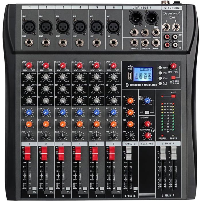 Table de Mixage - WOOPSO - DX6 - 6 Canaux - USB/Bluetooth - Alimentation Fantôme 48V