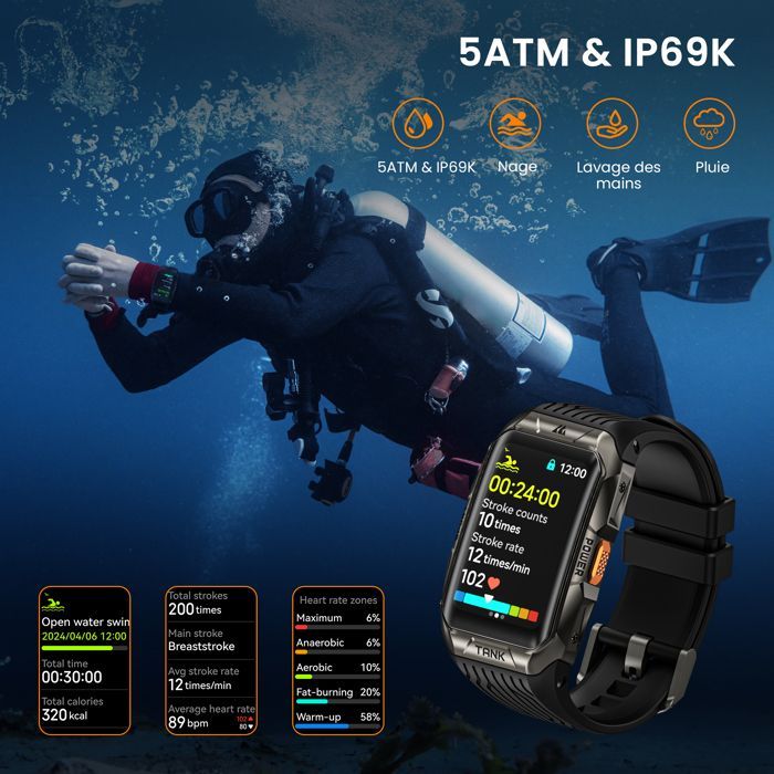 Montre connecté Homme KOSPET X2 Bracelet Sport 50m Etanche,Répondre/appeler,Sommeil/Fitness/Tracker d'Activit - Argent