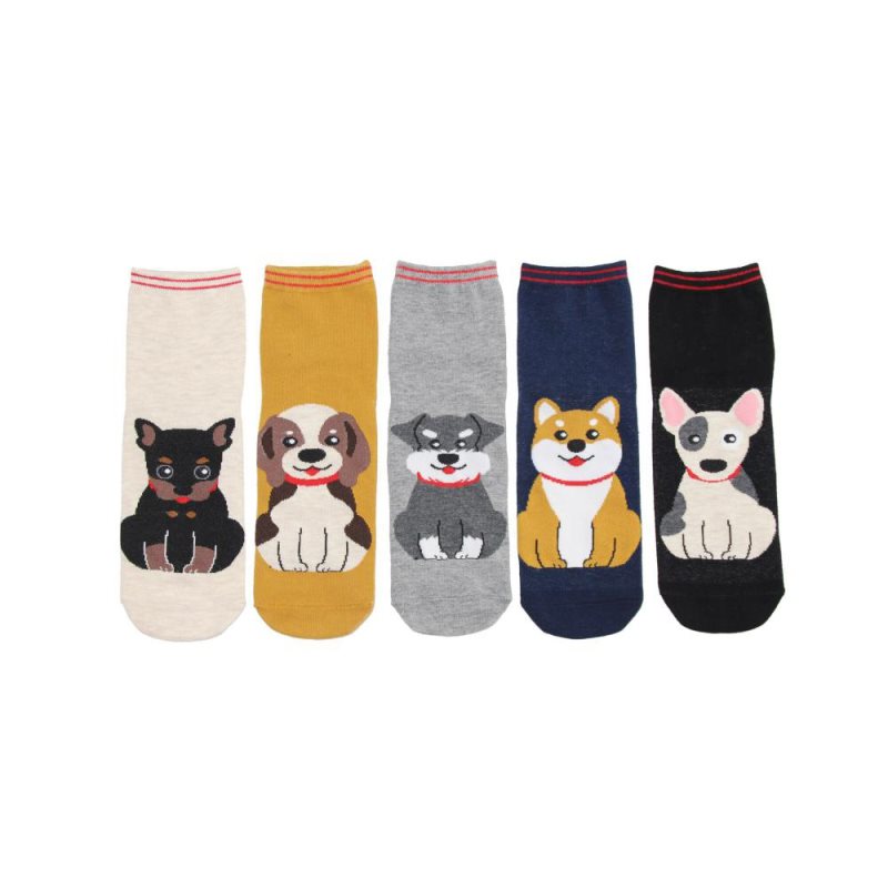 Chaussettes courtes unisexes en coton à motif chien de dessin animé, 5 couleurs, motif animal mignon, chaussettes décontractées et amusantes pour hommes et femmes.
