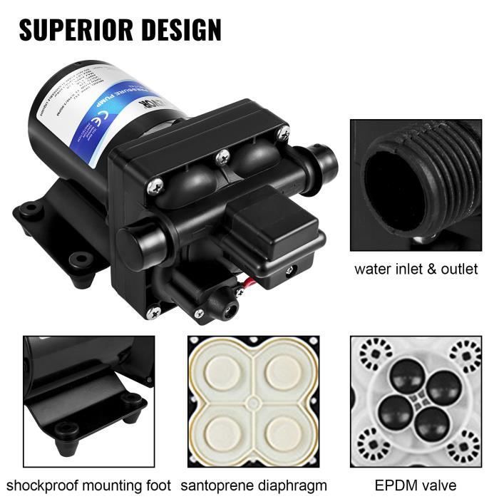 Bomba de agua de diafragma de alta presión VEVOR de 12 V y 45 psi - para autocaravanas, embarcaciones, maquinaria agrícola y caravanas.