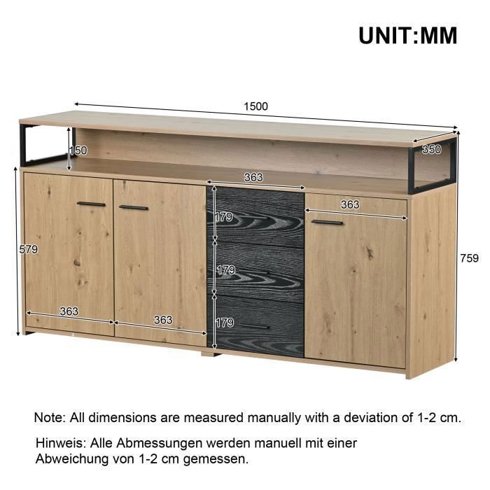 Buffet industriel 3 portes 3 tiroirs-Commode Armoire de cuisine-Buffet haut avec poignées métalliques-150x35x75.9cm Noir+Bois