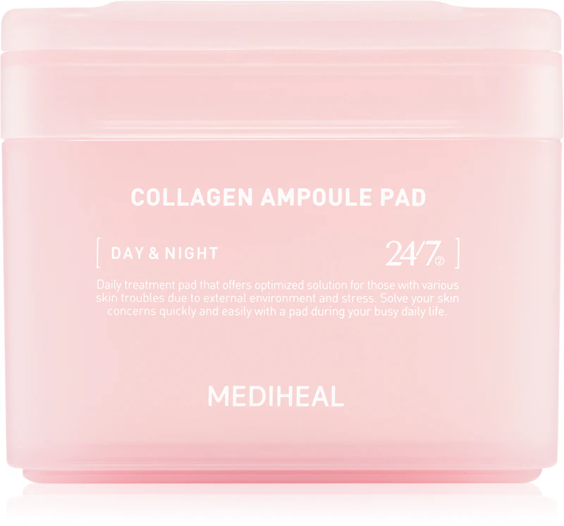 Discos tonificantes faciais MEDIHEAL Collagen Ampoule Pad para hidratar e firmar a pele.