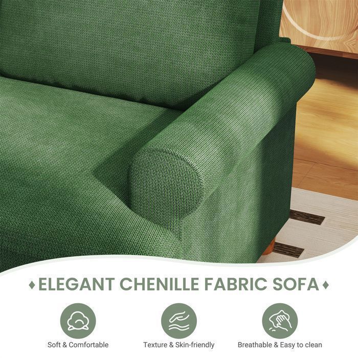 Stor 3-personers grøn chenillesofa med armlæn, hynder og puder, skandinavisk sofa til stue, 220×74×86 cm