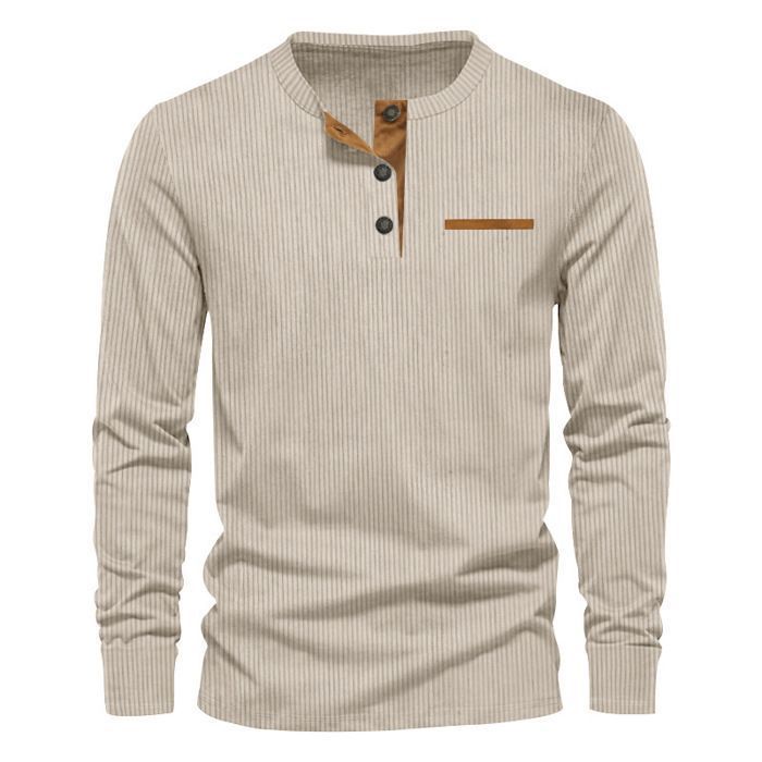 T-shirt casual da uomo a maniche lunghe in velluto a coste, vestibilità slim, scollo Henley, tinta unita, comoda - Taglia UE - Albicocca