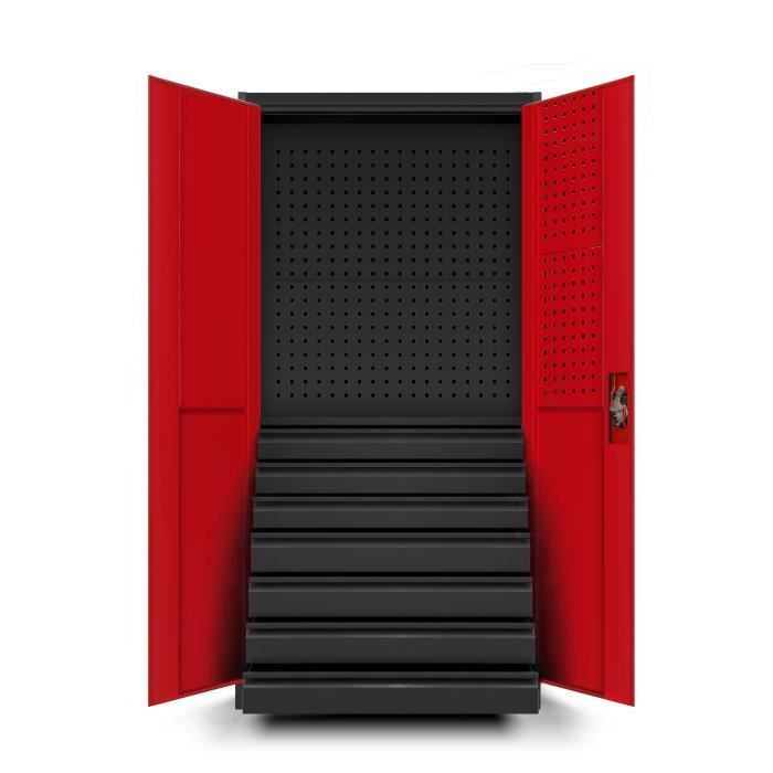 TC007 Gereedschapskast, metalen werkplaatskast met 7 laden, draaideuren, plaatstaal, 185 x 92 x 50 cm (antraciet/rood)