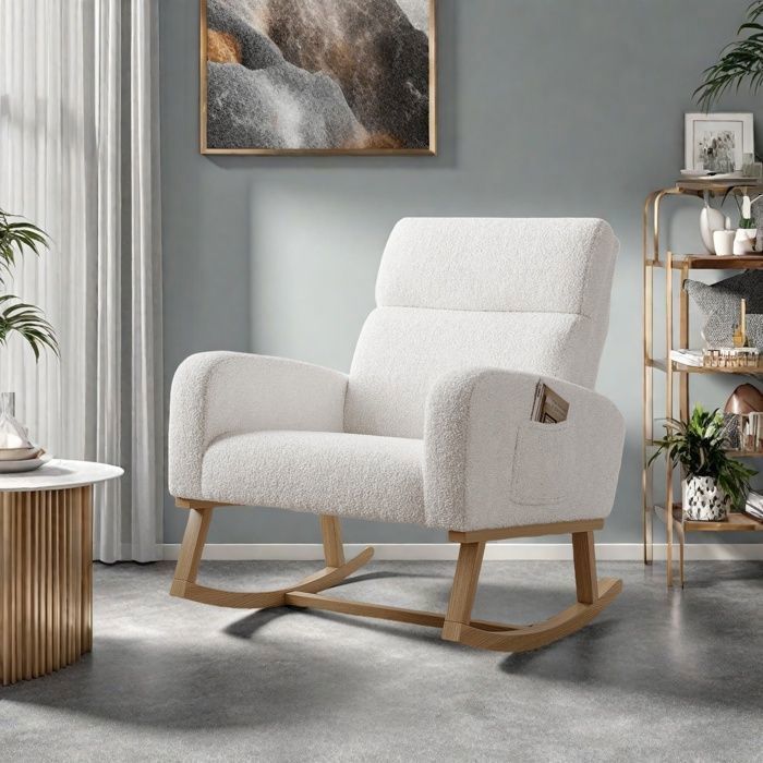 Mecedora - TANANT - Estilo escandinavo - Tapizado blanco - Madera maciza - Capacidad de 150 kg