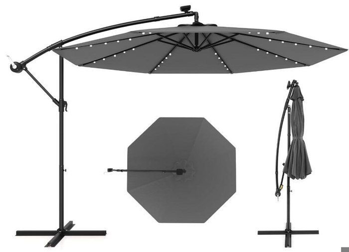 Ombrellone da giardino per esterni - RELAX4LIFE - 3 m - 40 luci LED - Inclinazione e manovella regolabili - Base a croce - Grigio