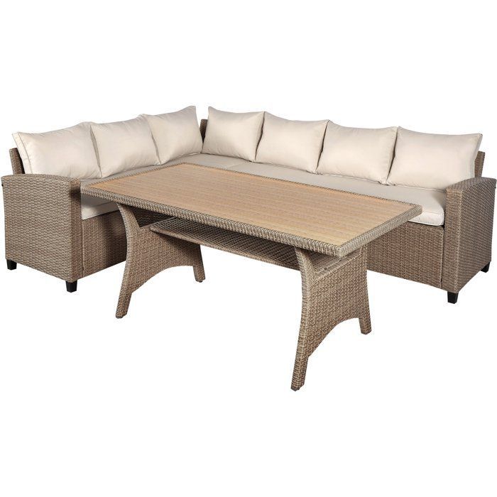 Garden furniture set - KAPAS - Steel frame and woven resin - Beige - 5 people