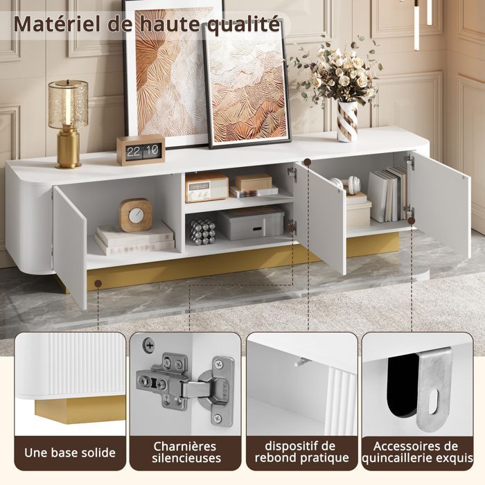 Meuble TV blanc moderne 170 x 40,5 x 47 cm Meuble TV bas avec 3 portes de rangement et étagères réglables Design arrondis