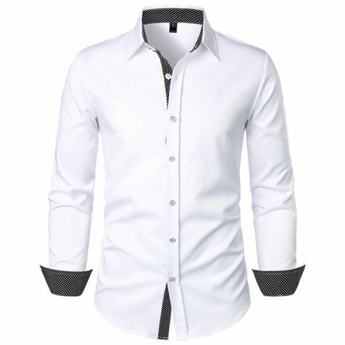 Camisa de vestir para hombre, manga larga, corte ajustado, cuello cuadrado con lunares en contraste, cómoda - Talla europea - Blanca