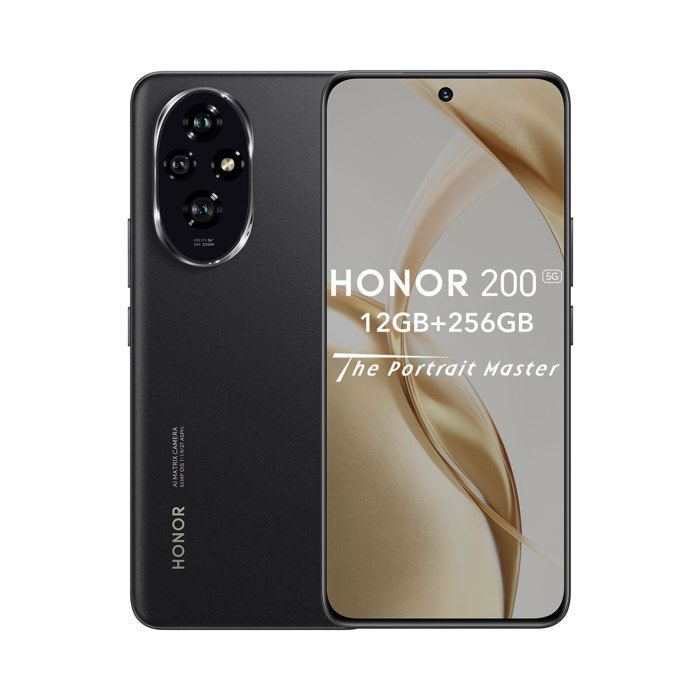Smartphone HONOR 200 5G, 12 GB, 256 GB, negro, pantalla AMOLED de 6,7”, batería de 5200 mAh, carga rápida de 100 W.