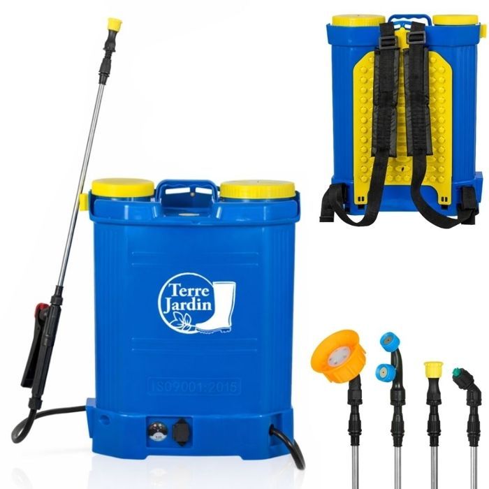 Pulvérisateur électrique dorsal 16 L rechargeable 12V, lance télescopique 49-85 cm, TERRE JARDIN pression réglable 4,5 bar - 4 buses