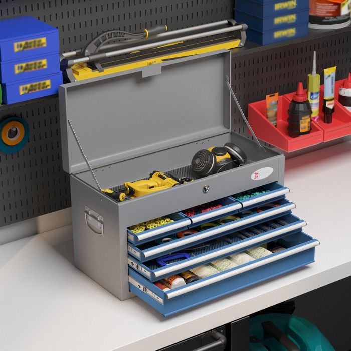 Toolbox - DURHAND - metal, 6 drawers, 1 lockable top tray, 2 keys, handles - metal - blue