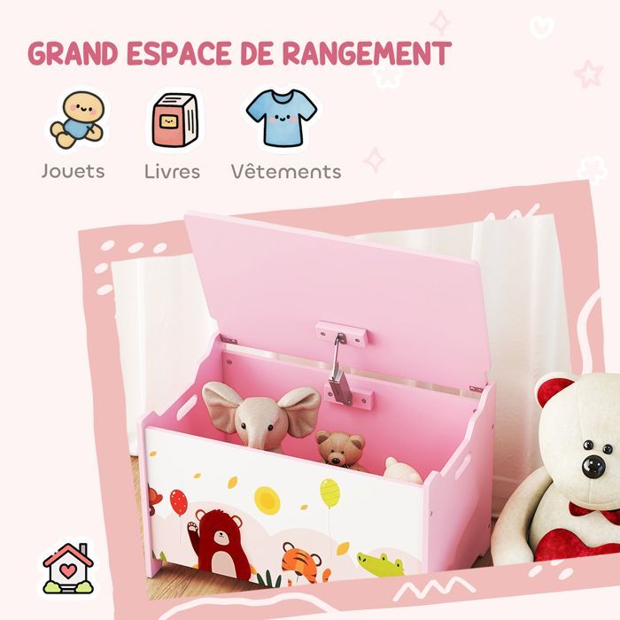 Baúl de juguetes infantil - AIYAPLAY - tapa abatible, diseño de animales, bisagras de seguridad - MDF - 60 x 37 x 39 cm - rosa