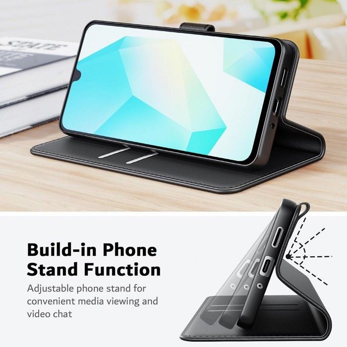 Wallet case - MASSILIA TECH - SAMSUNG GALAXY A16 - Matte black leather - 2 tempered glass screen protectors - Flexible